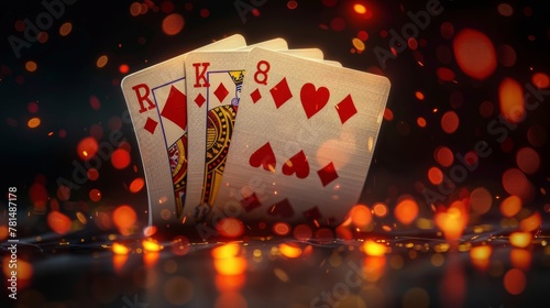 Photorealistic 3D rendering of a royal flush, cards cascading down with a slight bend, against a stark black backdrop, creating a dramatic effect photo