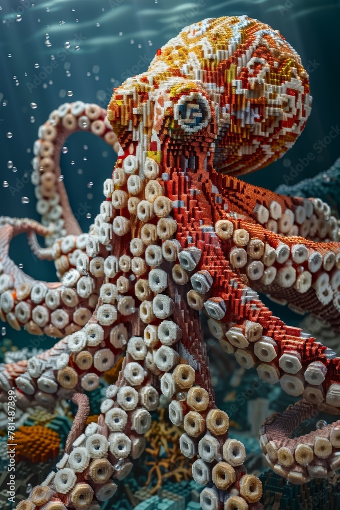 Fototapeta premium Giant octopus swims in coral reef with bubbles