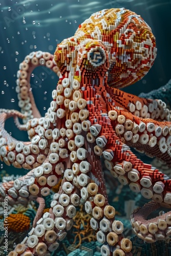 Giant Lego octopus swims in coral reef with bubbles