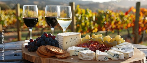 A cheese platter set against the backdrop of a vineyard suggesting pairings with wine © AI Farm