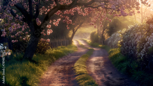 Cherry blossom lined country road in spring