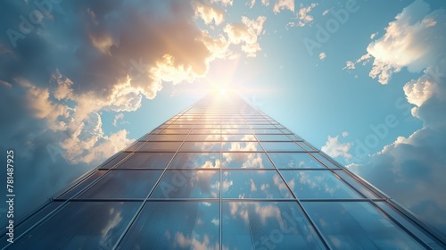 Skyscraper reaching into a bright sky, wide shot, architectural marvel, symbol of progress