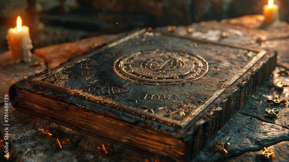 Sorcery handbook on an ancient altar, close up, candlelight, arcane symbols, dark magic