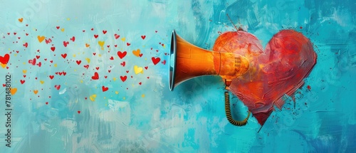 A megaphone with a heart from which emotions and feelings are visibly emanating photo