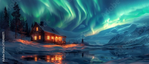 Spellbinding aurora over a secluded cabin, wide shot, ethereal night sky, magical tranquility photo