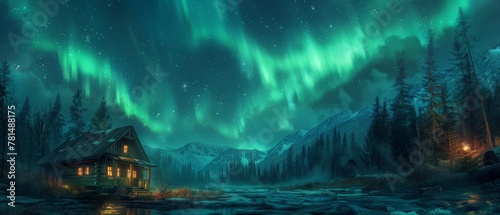 Spellbinding aurora over a secluded cabin, wide shot, ethereal night sky, magical tranquility photo