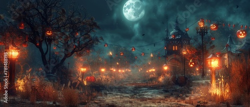 Spooky Halloween decorations in a moonlit yard, wide angle, eerie atmosphere, festive frights © Pornarun