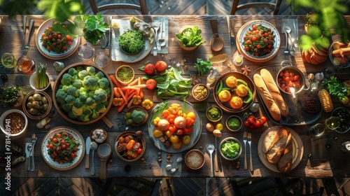 Vegetarian feast laid out on a rustic table, wide shot, vibrant vegetables, wholesome atmosphere