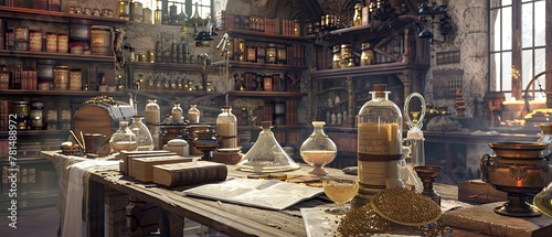 An alchemists laboratory with golden potions and ancient manuscripts exploring the mythical quest for gold