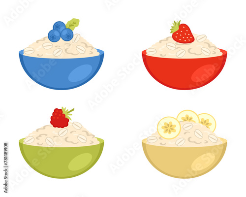 Oatmeal porridge bowls with different flavors collection. Raspberry, strawberry, blueberry and banana set. Perfect vector print for stickers, poster, menu.