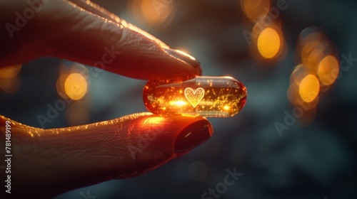 Womans finger clutching a medicine capsule with love etched on it, close up, in an ultra realistic macro photography style