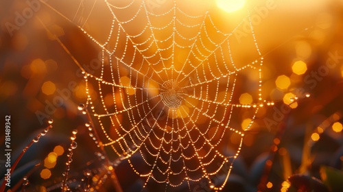 A 12 megapixel close up shot of a dew covered spider web, golden hour lighting, ultra realistic style