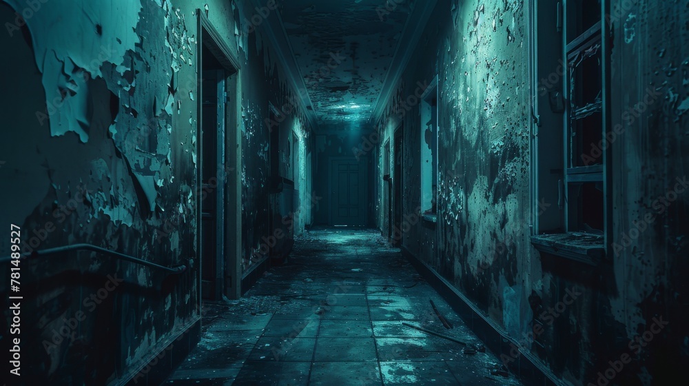 Abandoned house hallway, night vision, medium shot, with ghostly shadows, horror style Abandoned house hallway, night vision, medium shot, with ghostly shadows, horror style