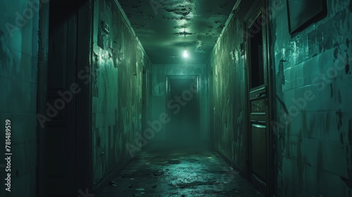 Abandoned house hallway  night vision  medium shot  with ghostly shadows  horror style