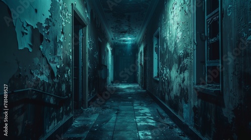 Abandoned house hallway, night vision, medium shot, with ghostly shadows, horror style