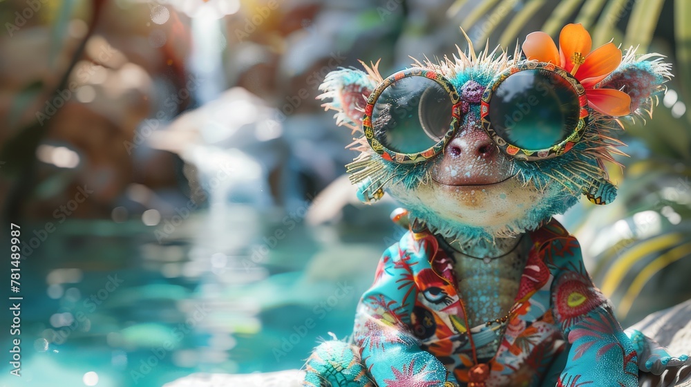 Animated Hololive female animal model, summer outfit adorned with abstract cyan patterns, lively pose near a shimmering pool, ultra realistic textures