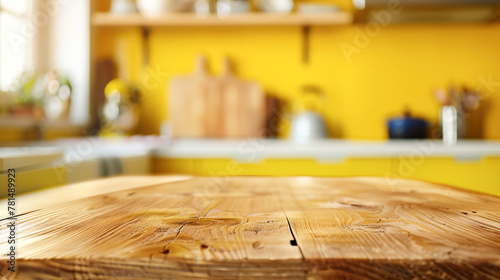 Wooden light empty countertop against the background of a modern bright yellow kitchen, kitchen panel in the interior, soft focus. Stage showcase template for promotional items, banner
