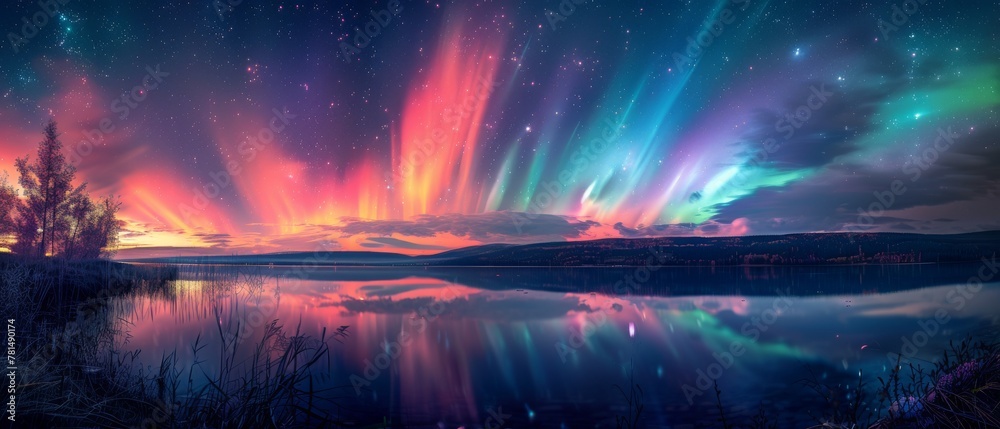 Aurora borealis over a tranquil lake, wide shot, natural wonder, vibrant colors, magical night Aurora borealis over a tranquil lake, wide shot, natural wonder, vibrant colors, magical night