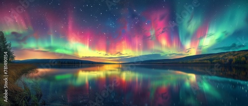 Aurora borealis over a tranquil lake, wide shot, natural wonder, vibrant colors, magical night
