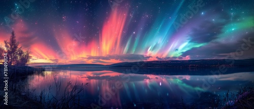 Aurora borealis over a tranquil lake, wide shot, natural wonder, vibrant colors, magical night
