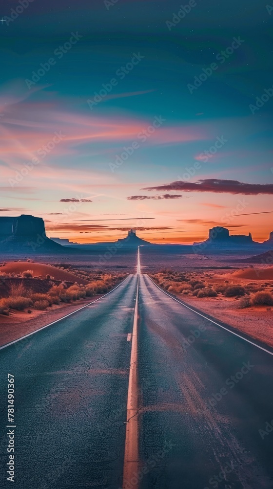 Desert highway at sunset with buttes