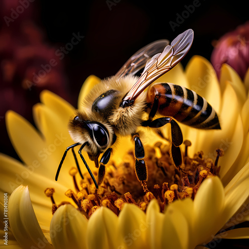 A close-up of a bee pollinating a flower. 