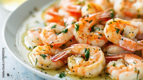 Seafood Shrimps with Garlic and Parsley. Close up
