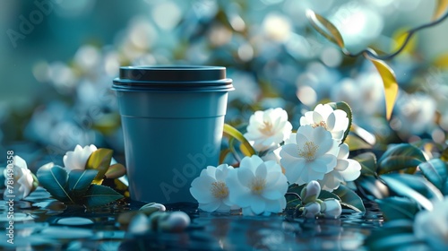 Blue cup, black lid, professional photography among white camellias, water sky blend, dynamic light and shadow, tone mapping and ray tracing effect photo