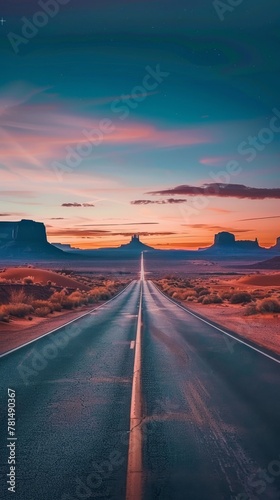 Desert highway at sunset with buttes © Denys