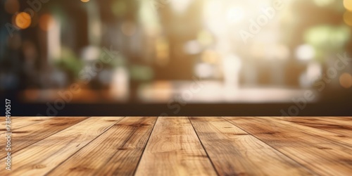 The empty wooden table top with blur background. Exuberant image. generative ai