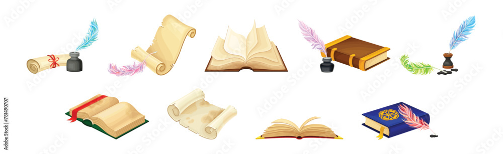 Φωτογραφία Old Book in Hard Cover with Pages and Scroll Vector Set