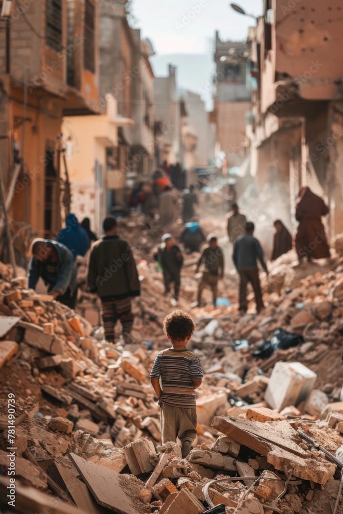  a child stands atop rubble-strewn streets amidst collapsed buildings, while people desperately navigate through debris in search of safety
