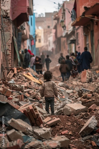  a child stands atop rubble-strewn streets amidst collapsed buildings, while people desperately navigate through debris in search of safety 
