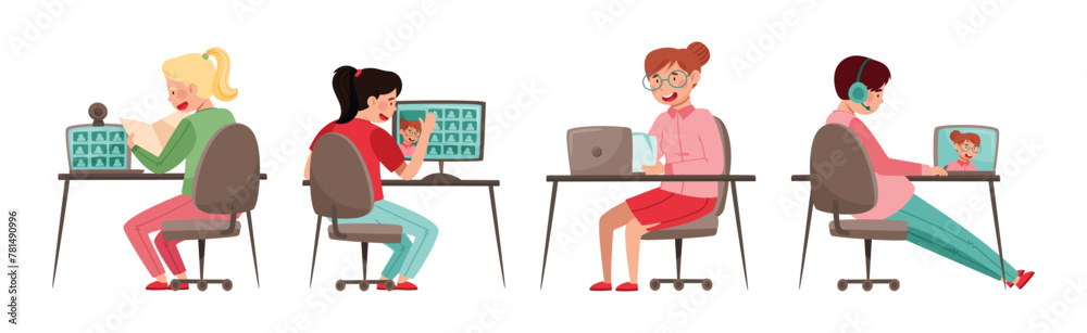 Home Schooling with Children at Desk with Computer Vector Set Home Schooling with Children at Desk with Computer Vector Set