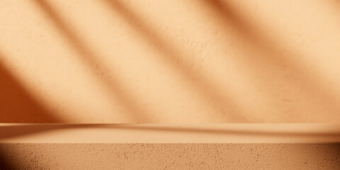 Brown background podium stage for luxury product placement mockup. Neutral aesthetic empty room with earthy tone wall and shadow light home interior showroom.