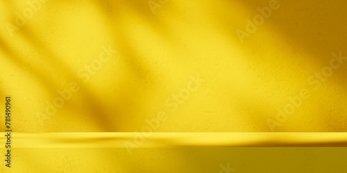Yellow background podium stage for luxury product placement mockup. Empty room with color walls and shadow light home interior showroom.