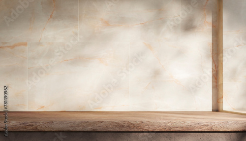 Empty bathroom counter top with beige granite walls and sunlight. Home interior background for product placement mockup. Neutral aesthetic podium stage showroom. © hitdelight