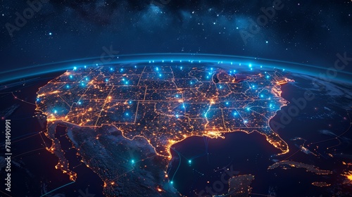 Digital network connections across usa map at night