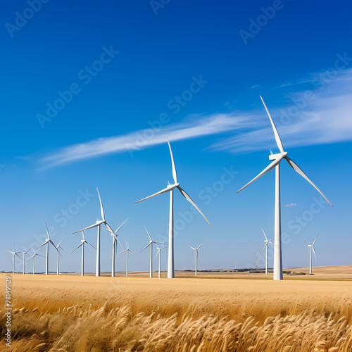 A cluster of wind turbines against a blue sky.