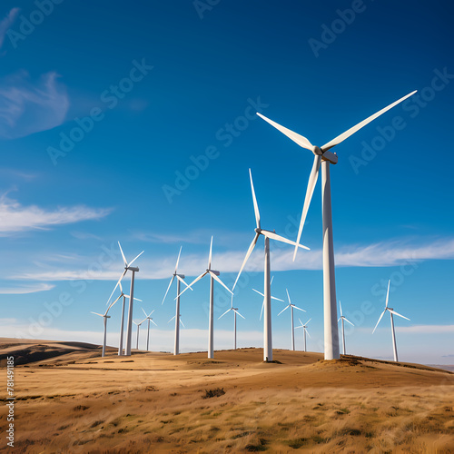 A cluster of wind turbines against a blue sky.