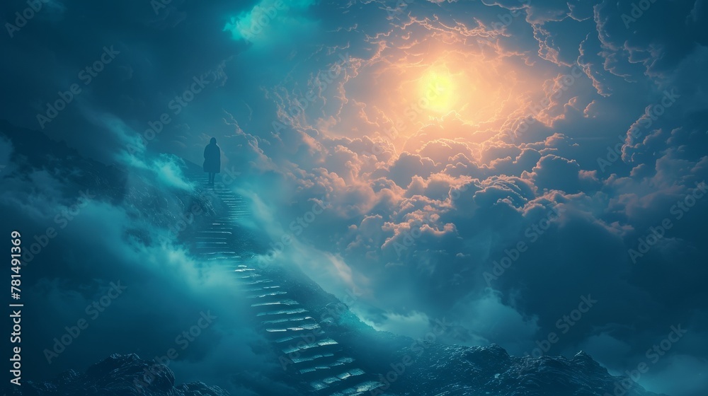 Fototapeta premium Solitary figure on celestial path amidst cloudscape