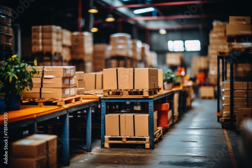 A warehouse filled with neatly stacked boxes and pallets, offering an ideal setting for showcasing logistics and storage concepts.