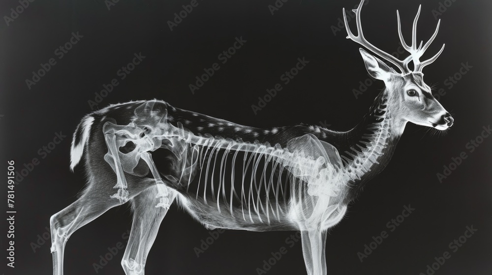 This x-ray image uncovers the graceful anatomy of a deer, including its notable antlers, set against a deep black background, conveying a blend of natural beauty and biological research.