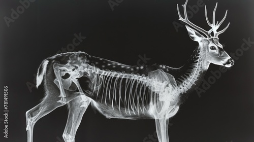 This x-ray image uncovers the graceful anatomy of a deer, including its notable antlers, set against a deep black background, conveying a blend of natural beauty and biological research. photo