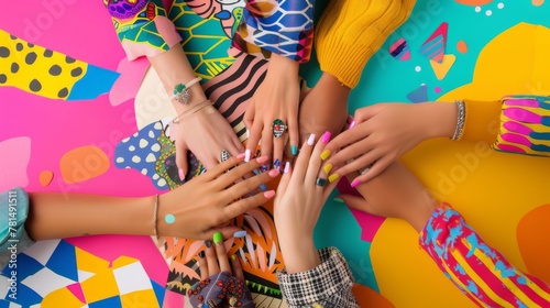 A kaleidoscope of color bursts forth from an array of hands, each nail adorned with bold and creative art, symbolizing the joy of self-expression and the artistry of nail design.