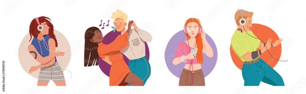 People Character Dance to Music Enjoy Audio Track Vector Set People Character Dance to Music Enjoy Audio Track Vector Set