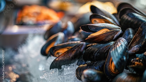 Fresh mussels on ice for sale at a seafood market
