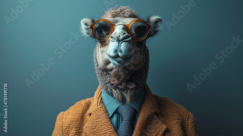 Stylish camel in glasses and coat