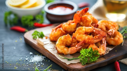 Crispy fried shrimps or prawns on a wooden board with ketchup, lemon and parsley