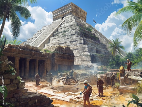 A group of people are walking through a jungle near a large pyramid. The scene is set in a post-apocalyptic world, with the ruins of the pyramid and the surrounding area in ruins photo